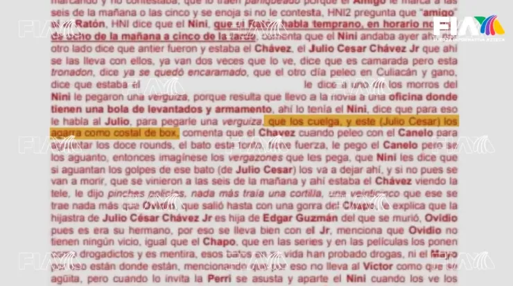 La orden de aprehensión de la FGR, emitida en el 2023, donde mencionan la participación de Julio César Chávez Jr. para “Los Chapitos”, a raíz de una llamada interceptada.