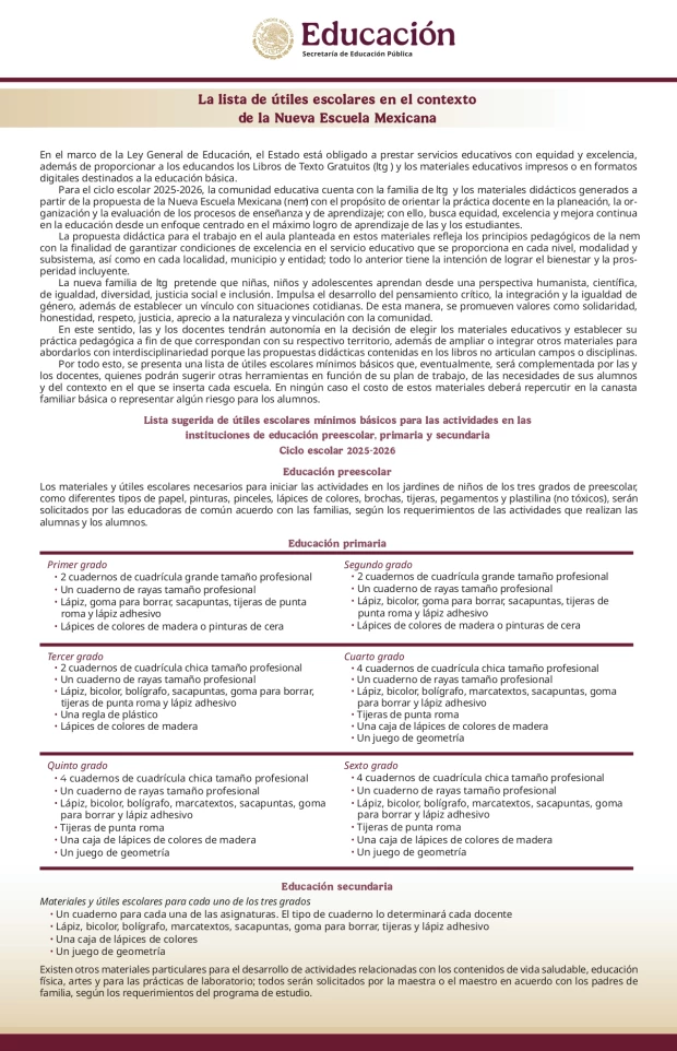 Publica SEP lista de útiles escolares para ciclo 2025-2026