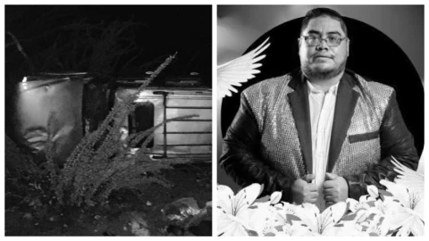 ‘Tamborazo de Villa’ sufre fatal accidente en carretera Durango - Parral; reportan muerte de integrante. En la imagen se observa la camioneta tras la aparatosa volcadura donde perdió la vida, Jesús Burgos. En otra parte de la postal, se observa al integrante que falleció.