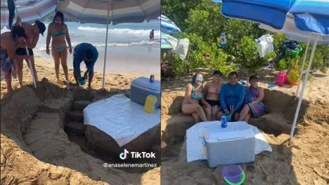 Familia construye palapa en playa.