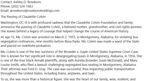 Comunicado Claudette Colvin