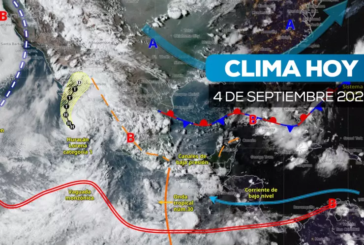 Pronóstico del SMN para el 4 de septiembre: huracán Lorena generará tormentas y vientos fuertes, mientras el norte sufrirá temperaturas de hasta 45 °C.