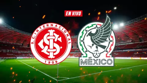 Escudos de Inter de Porto Alegre y la selección mexicana con el estadio Estádio Beira-Rio de fondo y la palabra en vivo
