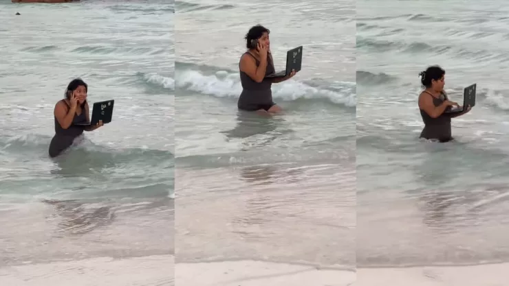 Mujer trabaja desde el mar