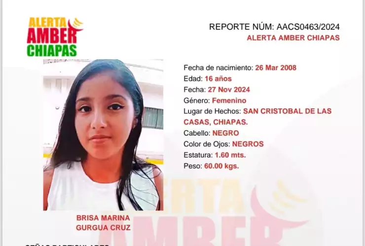 ALERTA AMBER CHIAPAS: Brisa Marina Gurgua Cruz fue vista por última vez en San Cristóbal de Las Casas, Chiapas