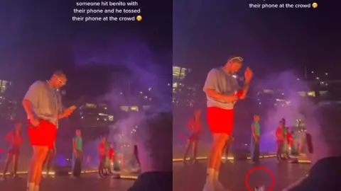 VIDEO Fan arroja teléfono a Bad Bunny y él lo tira del escenario