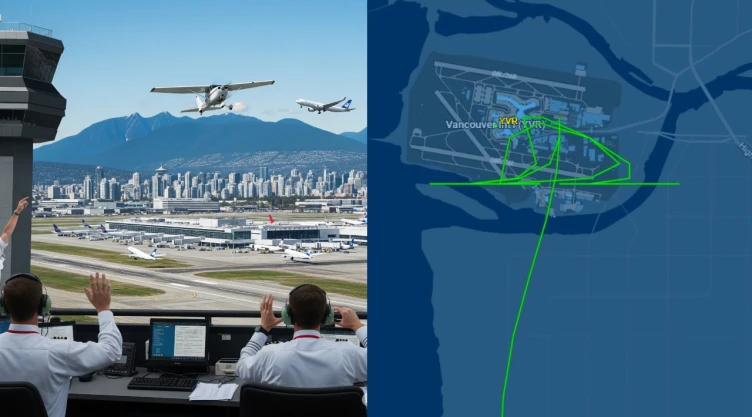 Un pequeño avión Cessna 172 blanco en una pista de asfalto, con varios coches de policía y vehículos de emergencia a su alrededor, tras el incidente del avión robado en el Aeropuerto de Vancouver.