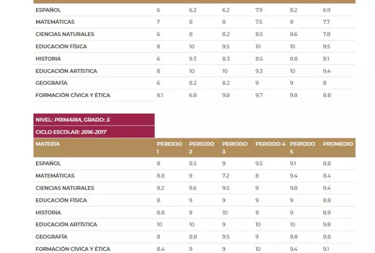 Boleta SEP: Calificaciones anteriores