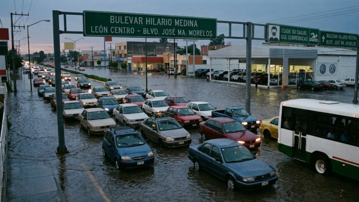 inundación en el cruce de Hilario Medina y Las Torres paraliza el tráfico; hay autos varados