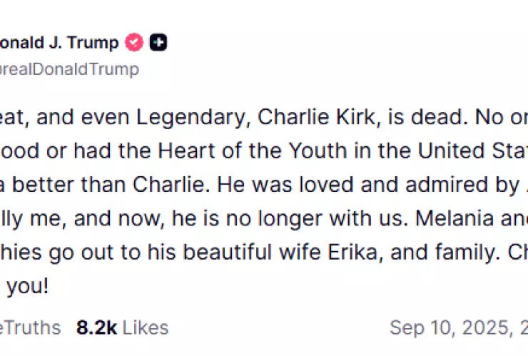 Mensaje de Donald Trump en Truth Social sobre la muerte de Charlie Kirk.