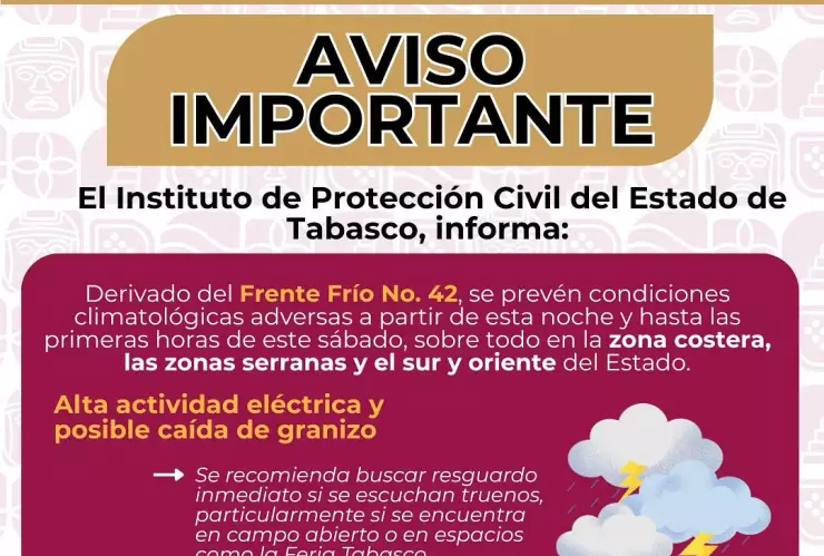 Alerta protección civil por efectos de Frente Frio 42 en municipios de Tabasco.