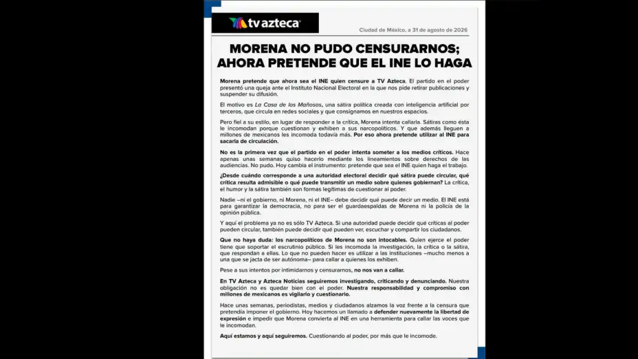 Comunicado TV Azteca, censura Morena.