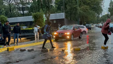 personas tratando de cruzar la calle a través de piedras, a fin de evitar mojarse