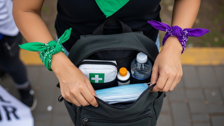 una mujer mexicana con un pañuelo verde en la muñeca derecha y otro morado en la muñeca izquierda que muestren que es feminista abriendo una mochila donde se ve un kit de seguridad para la marcha del 8m, sólo se ven sus manos y la toma es desde arriba inclinada