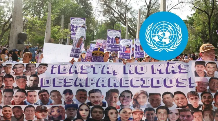 foto de marcha por desaparecidos en CDMX y logo de la ONU.