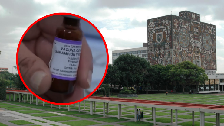 ciudad universitaria unam y frasco de vacuna contra el sarampión en un círculo rojo