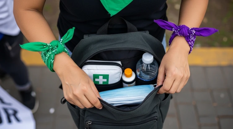 una mujer mexicana con un pañuelo verde en la muñeca derecha y otro morado en la muñeca izquierda que muestren que es feminista abriendo una mochila donde se ve un kit de seguridad para la marcha del 8m, sólo se ven sus manos y la toma es desde arriba inclinada