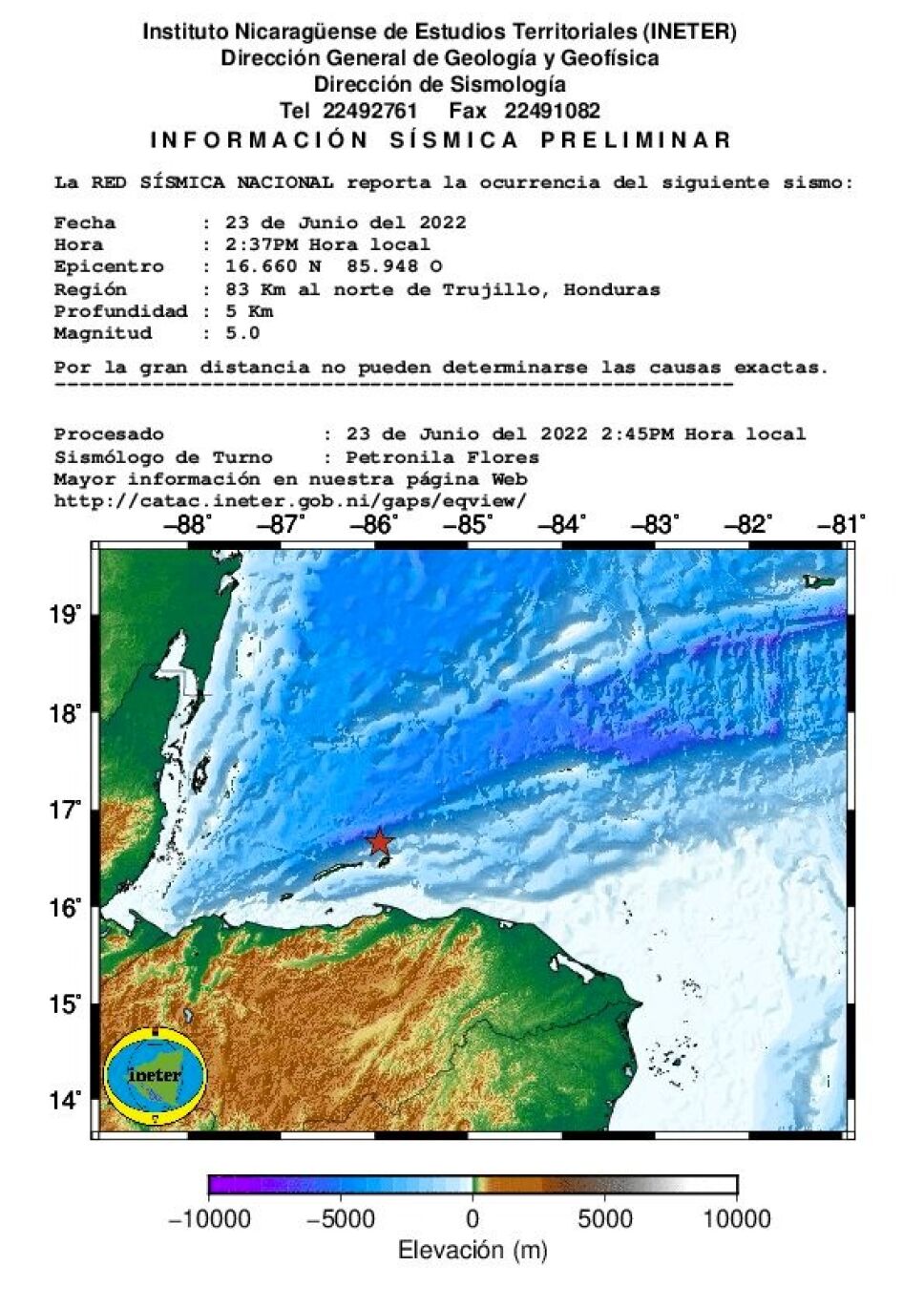 Se registra sismo en Honduras de magnitud 4.8