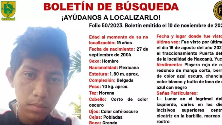 Boletín de búsqueda en Yucatán FGE busca a Sergio Ángel Armando Carballo Pech de 19 años de edad