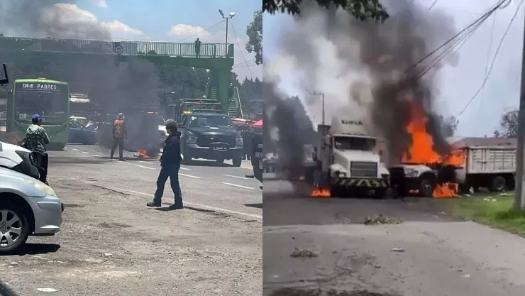 Presuntos talamontes queman autos y bloquean la carretera federal México-Cuernavaca.