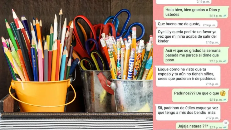 Mujer le pide a otra ser madrina de útiles escolares en México.