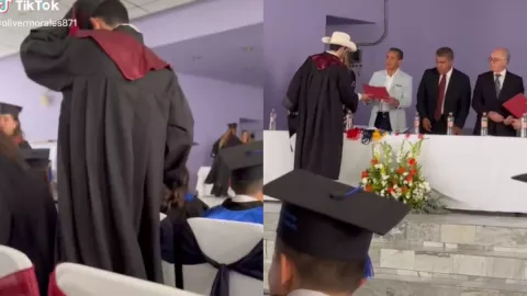 VIDEO Joven cambia birrete por sombrero en plena graduación