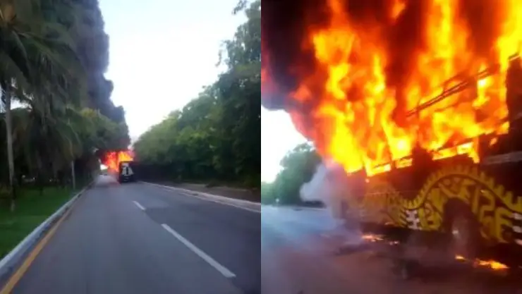 VIDEO Se incendia autobús en la Zona Hotelera de Cancún
