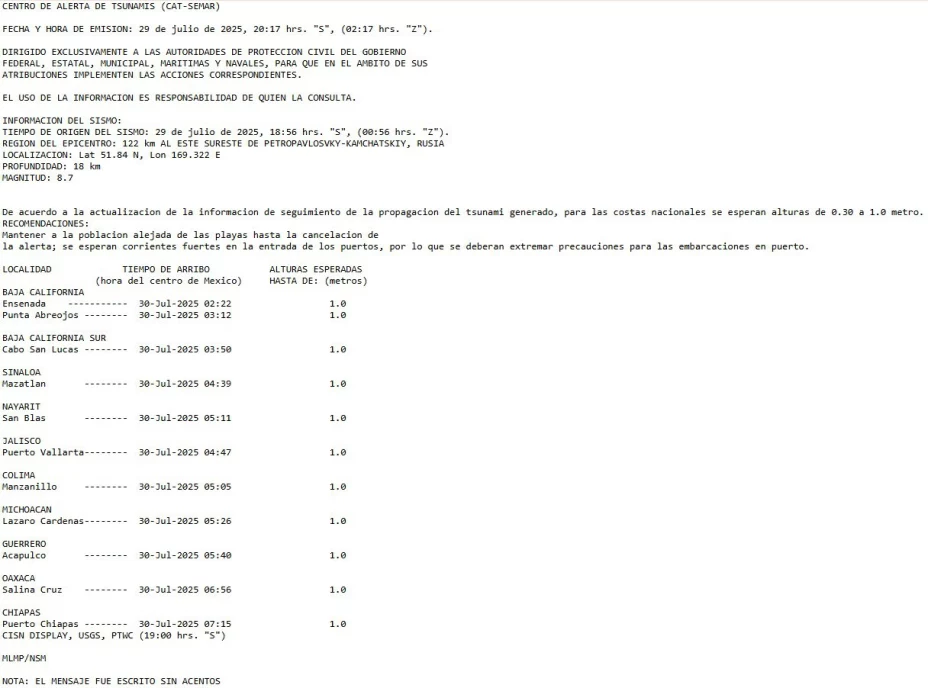 Horario impacto de oleaje ante alerta de Tsunami en México