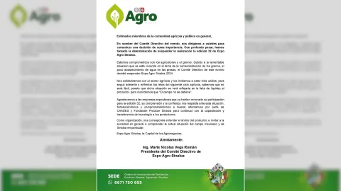 Comunicado de la CAADES en el que se anuncia la cancelación de la ExpoAgro Sinaloa 2024