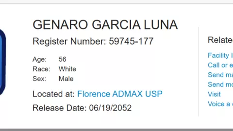 Ficha de interno de Genaro García Luna de la BOP en EU.