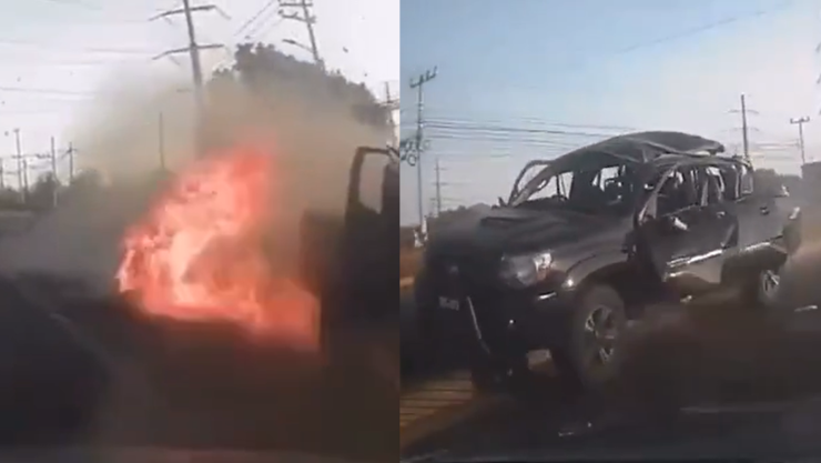 Así fue captada la explosión de una camioneta en Edomex que dejó dos hombres muertos