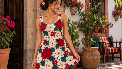 Vestido con flores de crochet en relieve