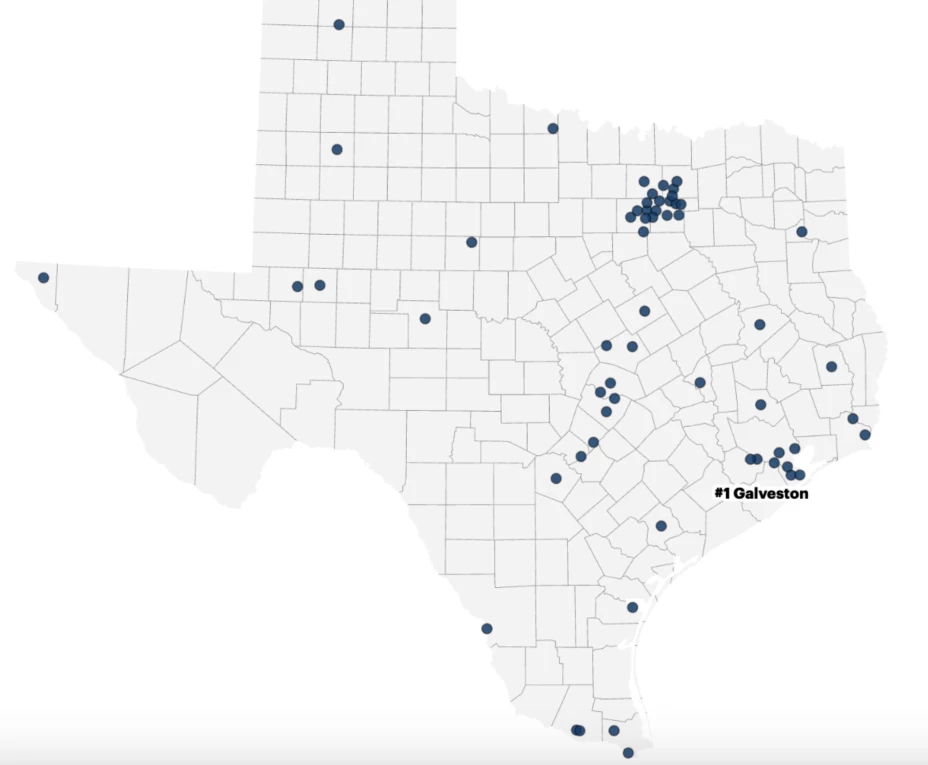 Mapa de las ciudades donde peores manejan en Texas