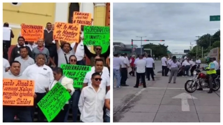 Caos vial en Veracruz_ Taxistas realizan bloqueos masivos por nueva tarifa; ¿en qué ciudades? En las imágenes se observan a taxistas manifestantes en la Plaza Lerdo de Veracruz y calles de Boca del Río.