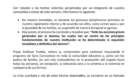 Comunicado oficial de la prepa Anáhuac: Expulsan al estudiante agresor de un vigilante
