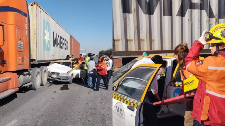 Chofer de taxi queda prensado después de impactarse contra tráiler de doble carga en Nuevo León