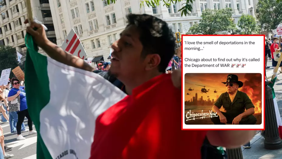 Hombre con bandera de México e imagen de Trump hecha con “IA”