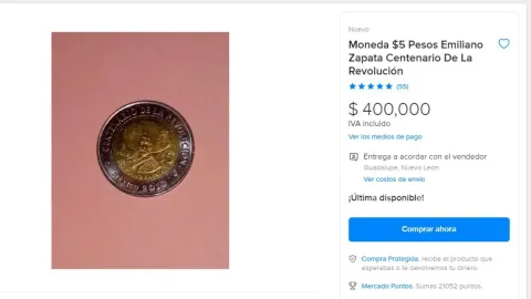 Moneda de 5 pesos cuesta 400 mil pesos en Internet.
