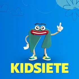 Personaje animado infantil combiando el logo de Azteca 7 con manos, pies y cara del canal KidSiete