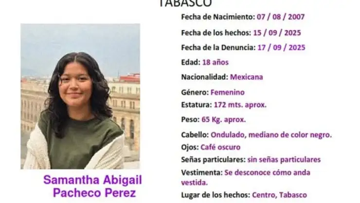 Samantha Abigail Pachecho Pérez desaparecida Tabasco