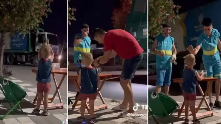 Niño sorprende a recolectores de basura para ofrecerle bebidas frías; video viral en TikTok