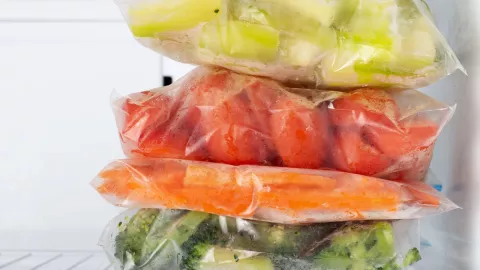 Bolsas de plástico con verduras en el refrigerador