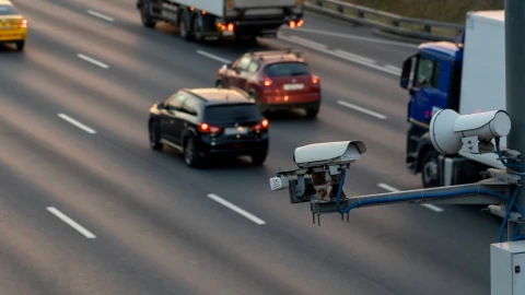 Una cámara de vigilancia en una autopista con coches.