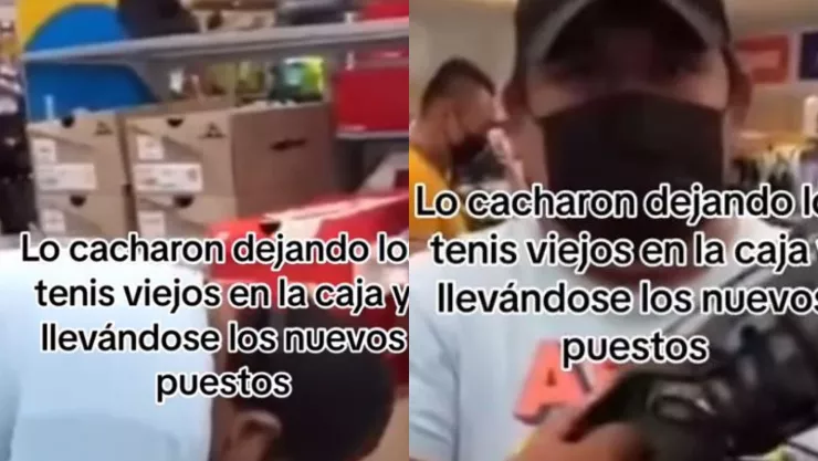 Hombre cambia tenis viejos por nuevos en tienda departamental