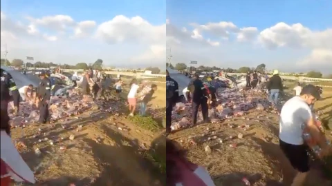 VIDEO: Tráiler que transportaba cerveza vuelca y desata rapiña en el Circuito Exterior Mexiquense