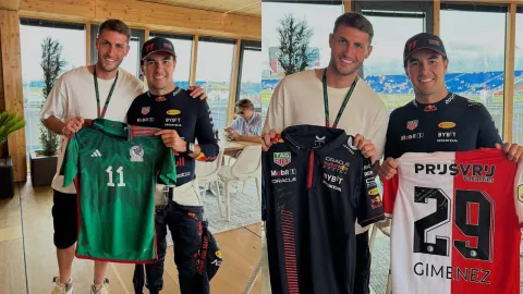 ¡Orgullo mexicano! Checo Pérez y Santi Giménez intercambian playeras