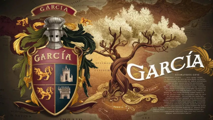 Escudo con el apellido García con fondo un árbol genealógico y un mapa