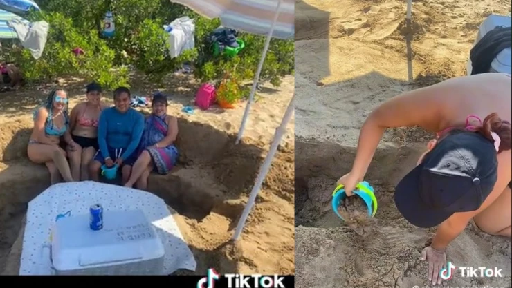 Familia construye sala con arena de la playa