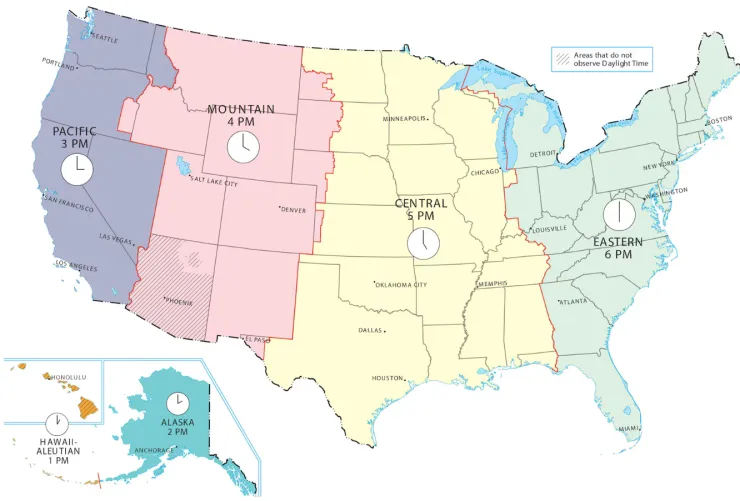 Mapa de husos horarios en Estados Unidos
