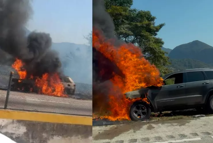 vehículo en llamas tras un incendio en la Autopista del Sol, Guerrero